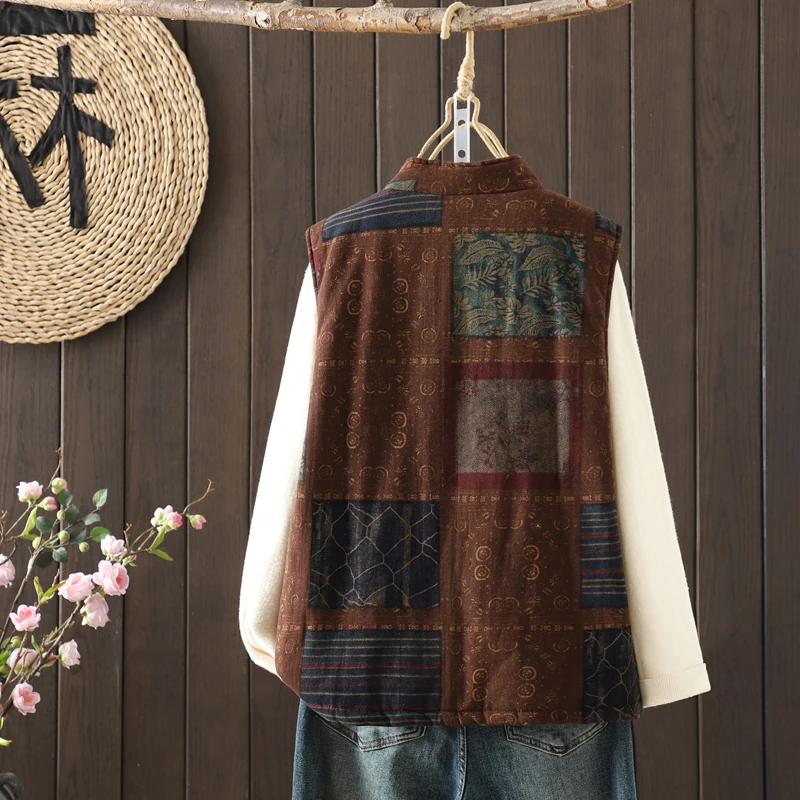 Thiened Cotton Linen Vest Chinese Sle Floral Print Button up Warm Outerwear for Autumn And Winter Commute