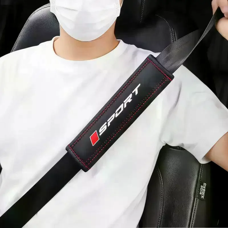 Car Seat Belt Shoulder Pad PU Leather Soft Comfortable Cushion Sport Logo Print For Daily Driving Long Trips Fits Most Cars
