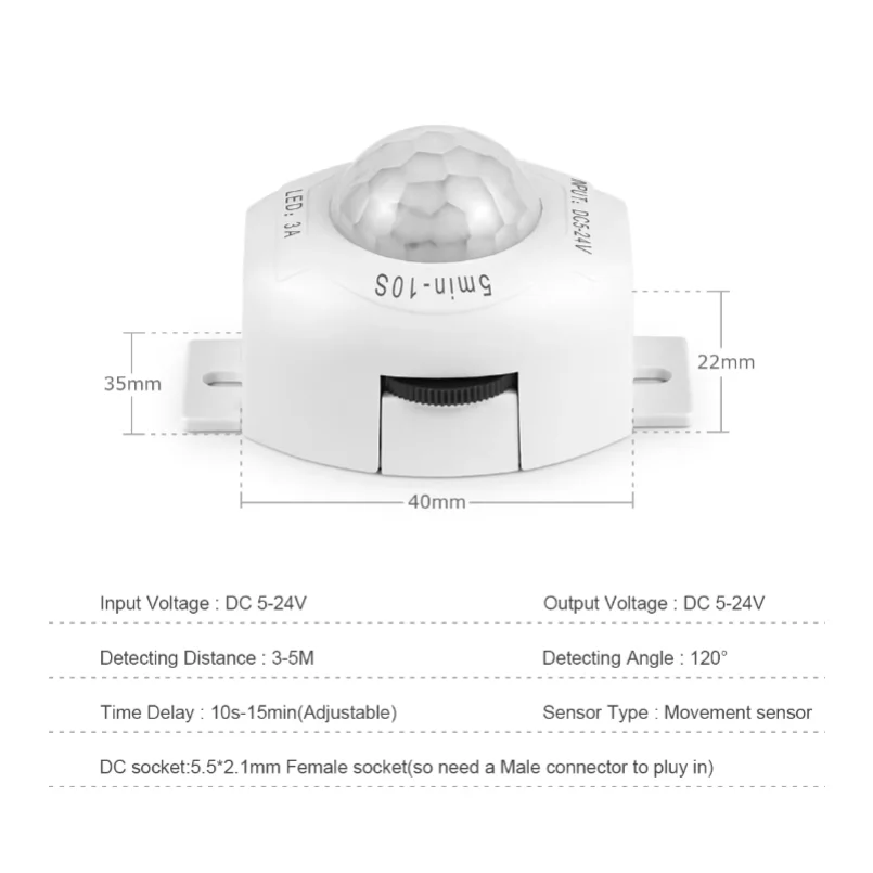 DC 5V 24V 3A Highly Sensitive PIR motion Sensor Light Switch Infrared IR Sensor Detector Switch Time Delay for LED Strip