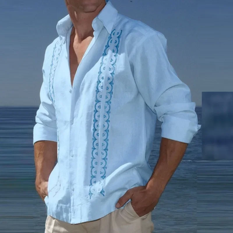 Abbigliamento uomo 2023 moda bottone colletto rovesciato camicetta uomo Holiday Beach stampato Top New Spring Men Casual camicia di lino in cotone