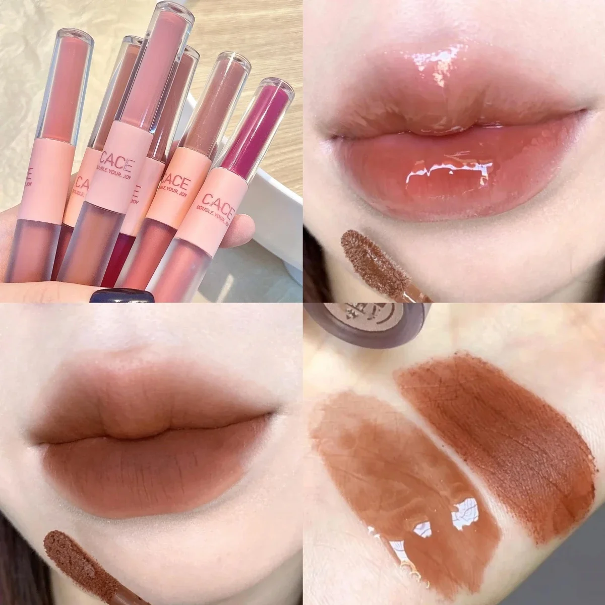 2 In 1 Liquid Lipstick Double Head Matte Mirror Lip Glaze Waterproof Lasting Lip Gloss Moisturizing Velvet Sexy Lip Makeup Tool