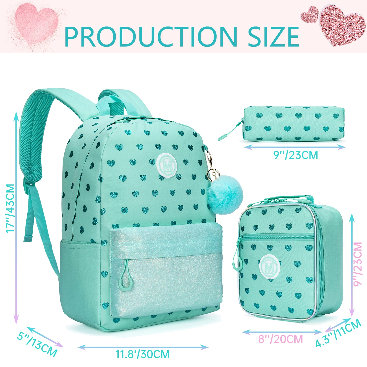 소녀를 위한 배낭 점심 가방과 필통이 있는 귀여운 학교 가방 다목적 여행 데이팟 여성용 경량 배낭