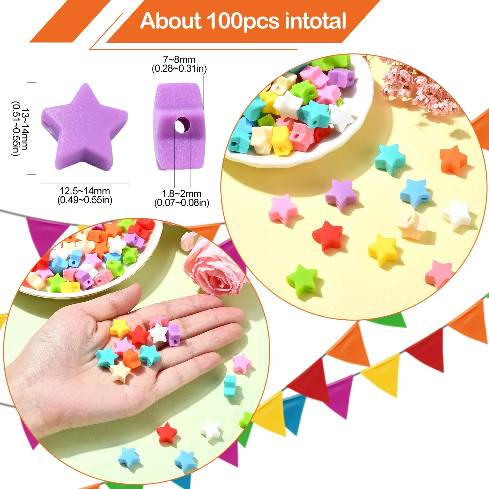 Pandahall 100Pcs Silicone Star Beads Colorful Five Pointed Star Shaped Focal Beads for Jewelry Making Accessories