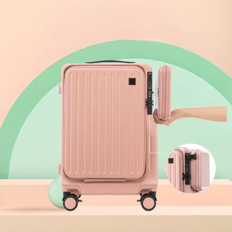 Mala de bagagem com abertura dupla, capa frontal aberta, capa de embarque de 20 polegadas, capa com zíper anti-queda, carrinho multifuncional