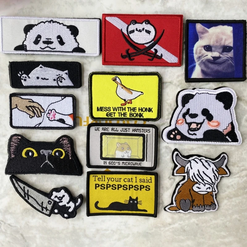 Cartoon Cute Animal Embroidery Hook and Loop Morale Badge Funny Cat Panda Duck Hamster Alpine Cattle Hat Armband Fabric Patches