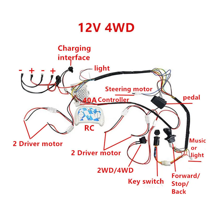 Kit di cavi e interruttori modificati fai-da-te per auto elettrica per bambini, controller 12V con telecomando Bluetooth 2.4G per auto elettrica per