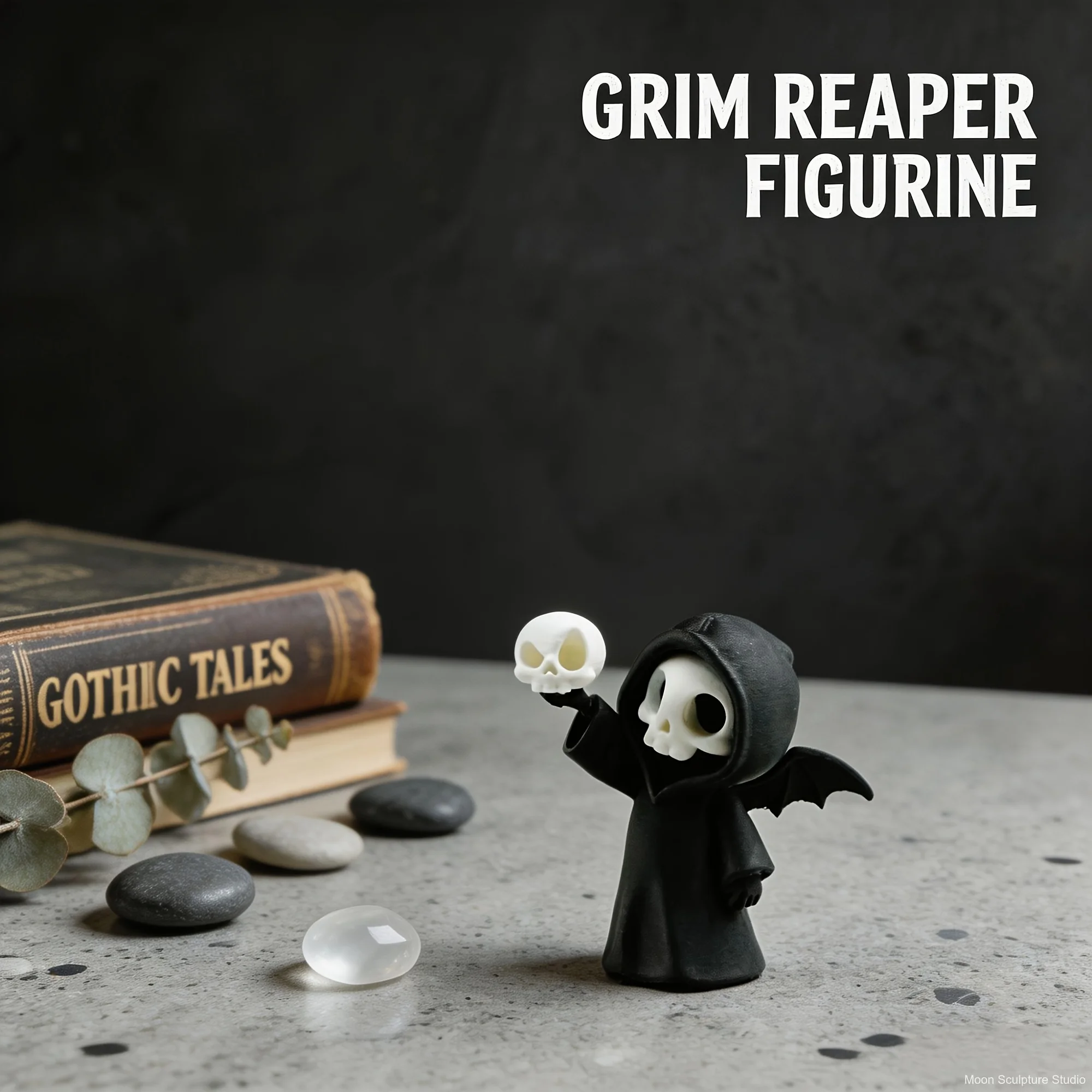 Mini Grim Reaper Resin Figure with Wings, Kawaii Skeleton Statue Holding Skull, Gothic Desktop Ornament for Halloween Party