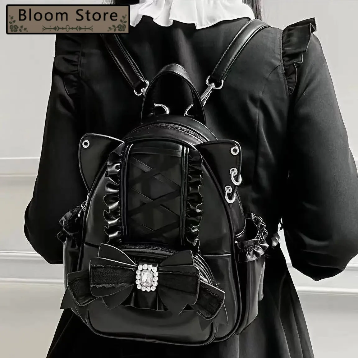 Bloom Haruku Mini Backpack Women Sweet Cute Lace Bow Chic Cat Y2k Backpacks Student Japanese Mochila Aesthetic