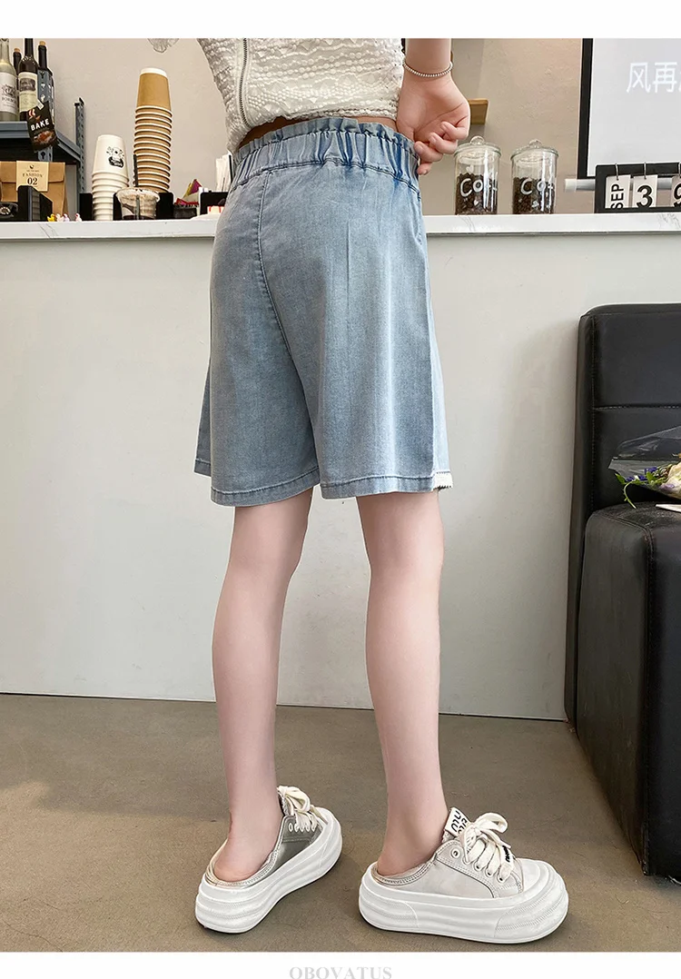 Sommer-Jeansshorts für Kinder mit Spitze am Saum, für Mädchen, elegante, plissierte Mini-Jeansshorts mit Perlen, Größe 5, 7, 9, 11, 13, 14 Jahre. – Detail 9