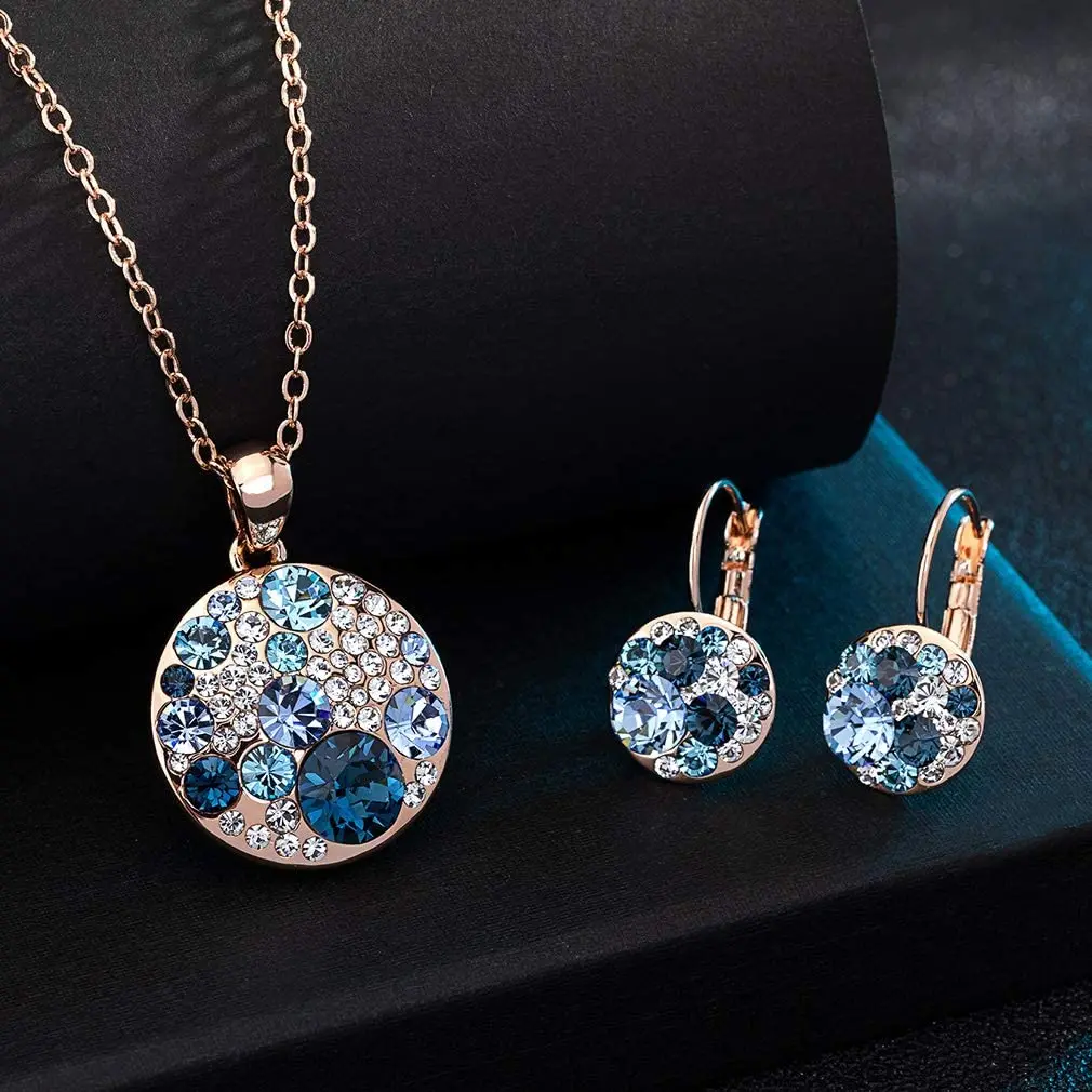 Gold Silver Color Crystals from Austria Jewelry Sets Round Pendant Necklaces Drop Earrings For Women Girls Cute Christmas Day