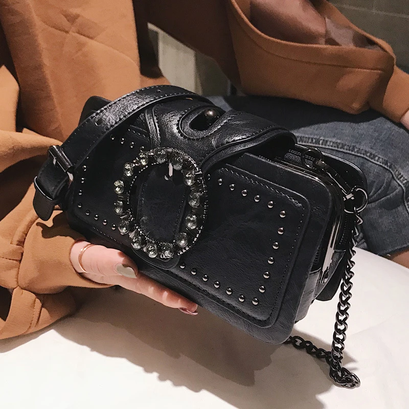 Vintage Round Rhinestone Buckle Shoulder Bag,Fashion Punk Design Top-handle Crossbody Bag, Popular Rivets Decor Purse For Women