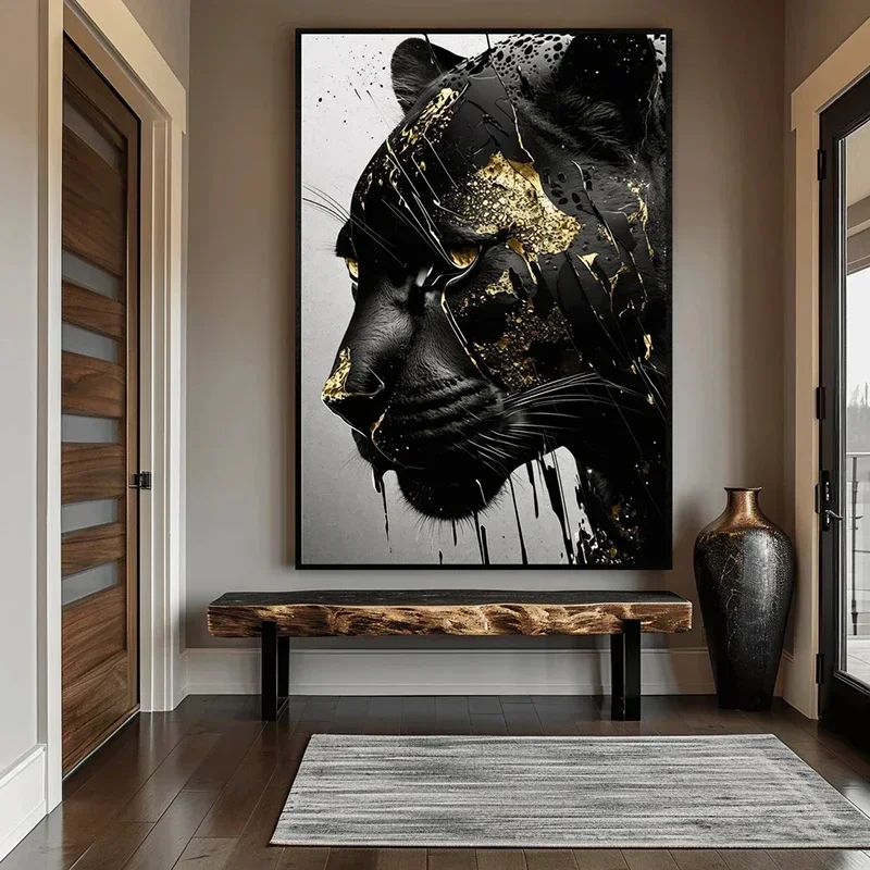 Schwarz und Gold Black Panther Abstrakte Wandkunst Poster und Drucke Leinwand Malerei Wandbilder für Wohnzimmer Home Decor