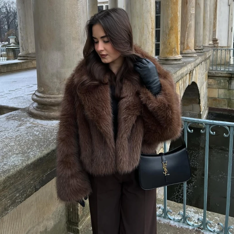 TARUXY Faux Fur Coat Women's Fashion Turn-Down Collar Loose Long Sleeve High Street Coat 2025 Winter Elegant Streetwear Female
