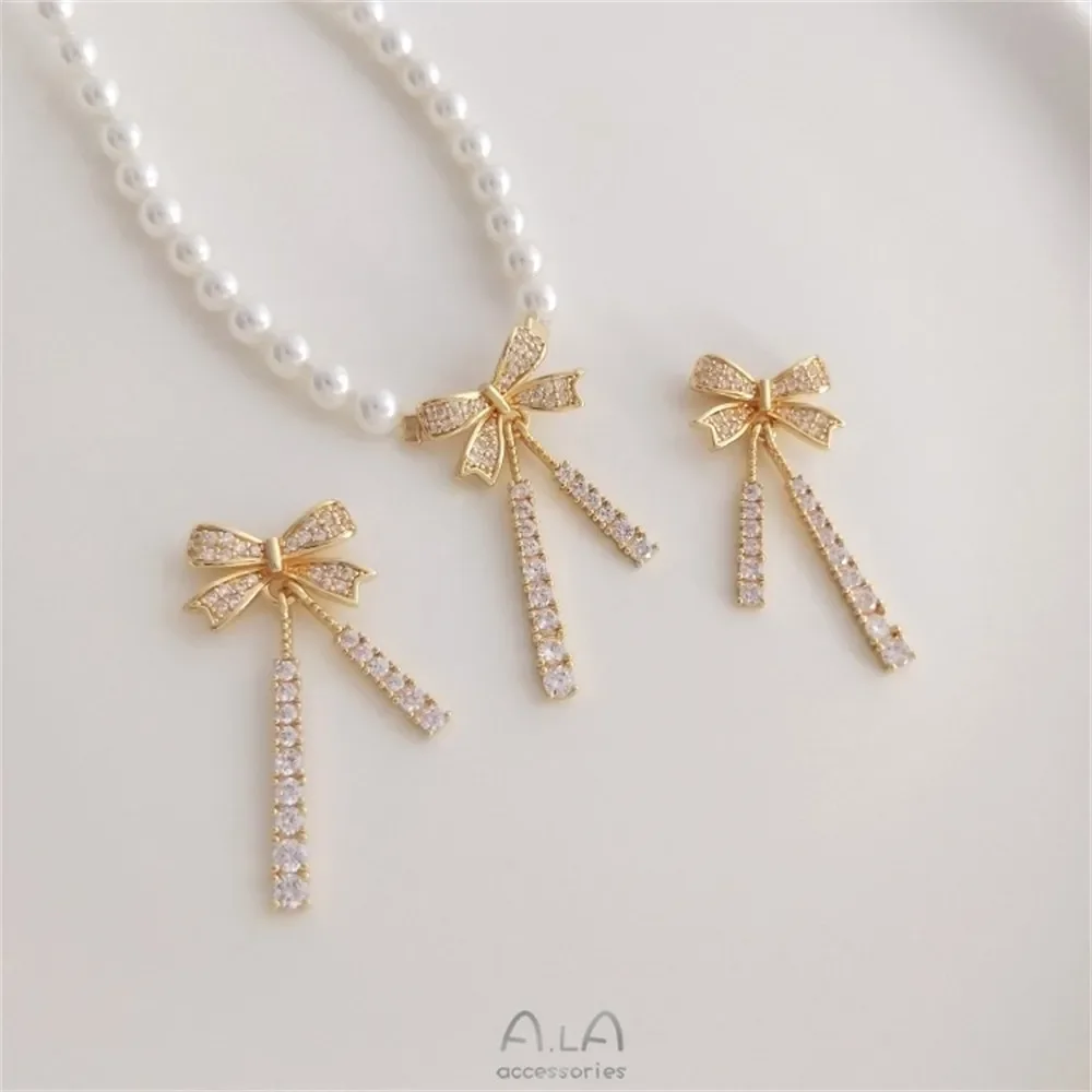 14K Gold Micro Set Zircon Bow Tassel Necklace Pendant DIY Pendant Headpiece Charms Pendant K396