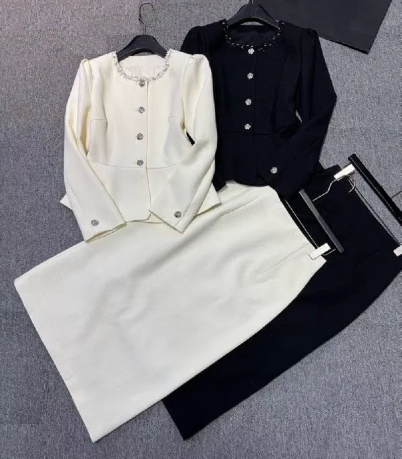 

Top Quality New Women's Set 2025 Autumn Winter Long Skirt Suit Lady Beading Deco Long Sleeve Coat+Black White Skirt Sets 2pcs