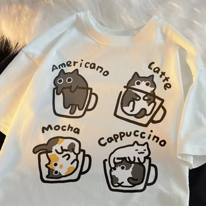 

Harajuku Cat Coffee Pure Trendy Loose Short Sleeved T-shirt Men Women Mocha Latte Cat Three Flowers Fun Cat Tees