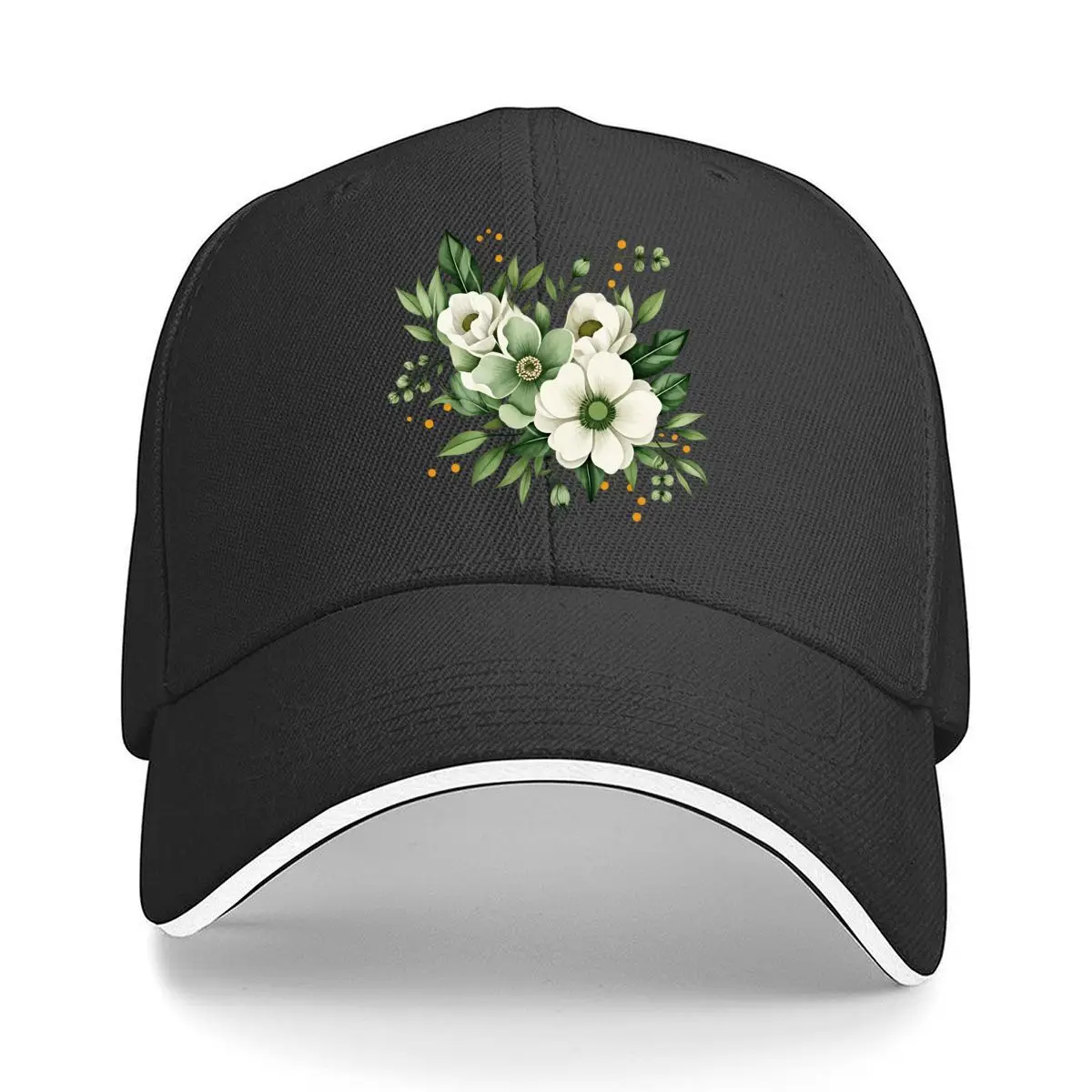 Watercolor White Green Flower Leaf Floral Bouquet Graphic Design Sandwich Baseball Cap Outdoor Workouts Sun Hat