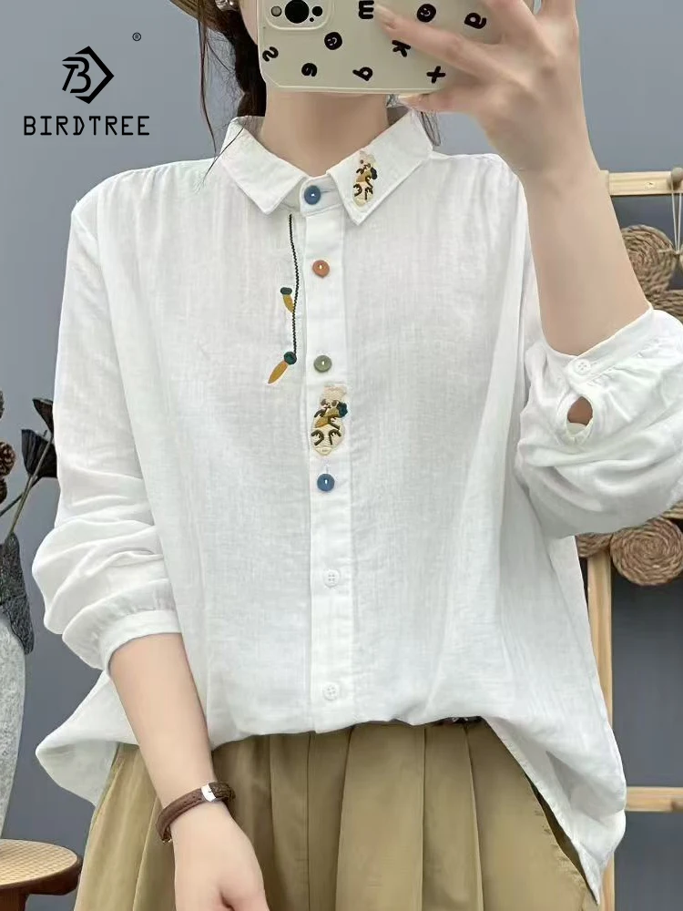 

New 2025 Autumn Cotton Yarn Long Sleeve Shirt, Women Turn-down Collar Embroidery, Mori Girl Cute Versatile Loose Blouse T58950CC