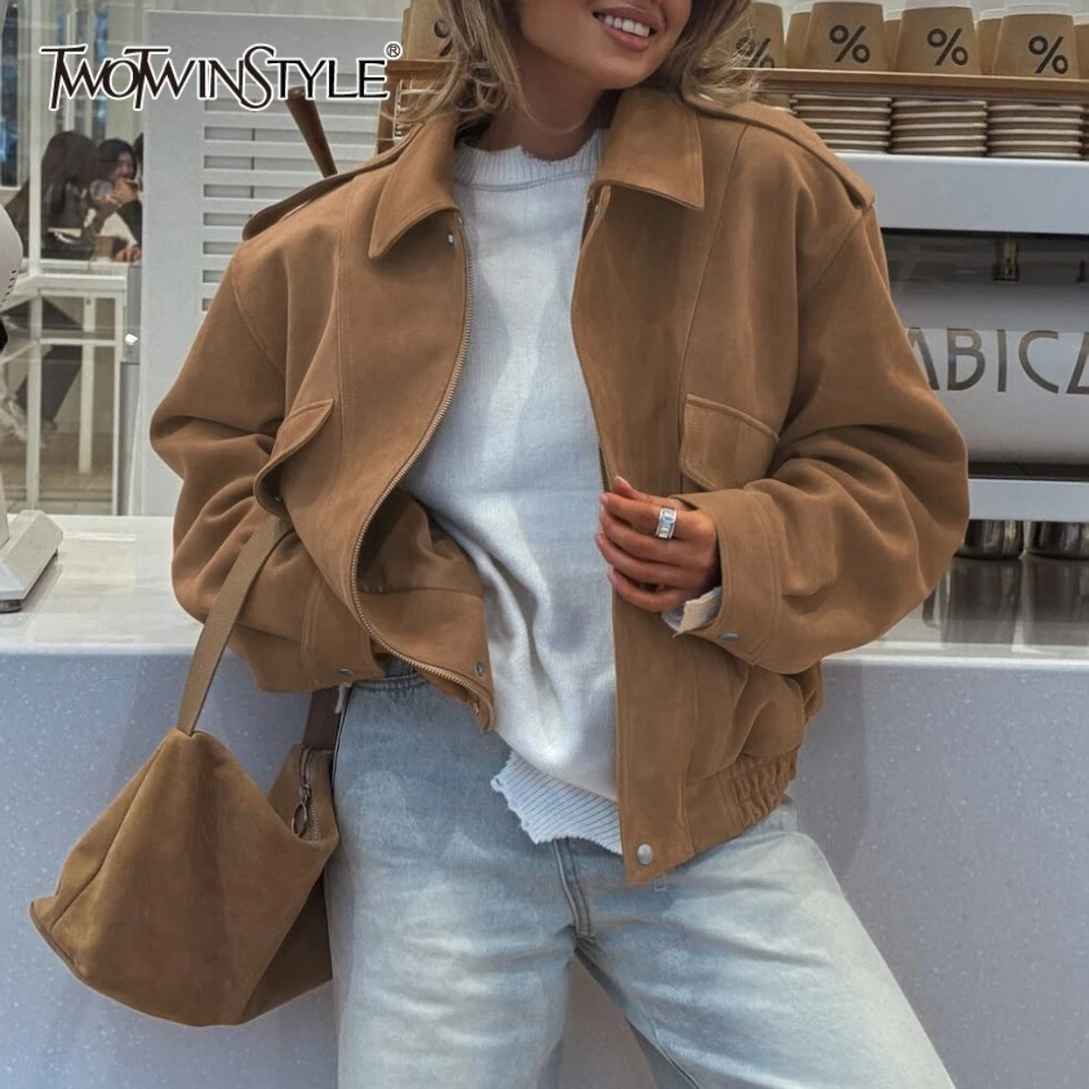 

TWOTWINSTYLE Street Fashionable Coat for Women Lapel Long Sleeve Loose Spliced Elastc Hem Vintage Jacket Female Autumn Clothing