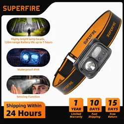 SUPERFIRE Mini akumulatorowa latarka czołowa o dużej mocy piesze wycieczki Camping USB C reflektor LED reflektor z czujnikiem przedni reflektor do pracy