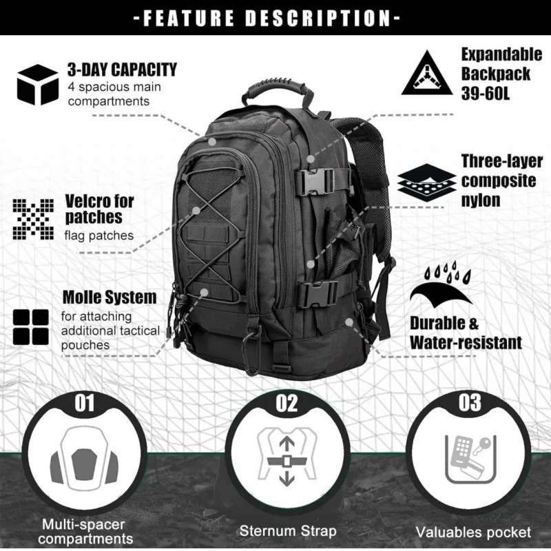 Large Capacity Mountaineering Backpack Camping Travel Emergency Escape Backpack Multifunctional Waterproof Wear-resistant Bag
