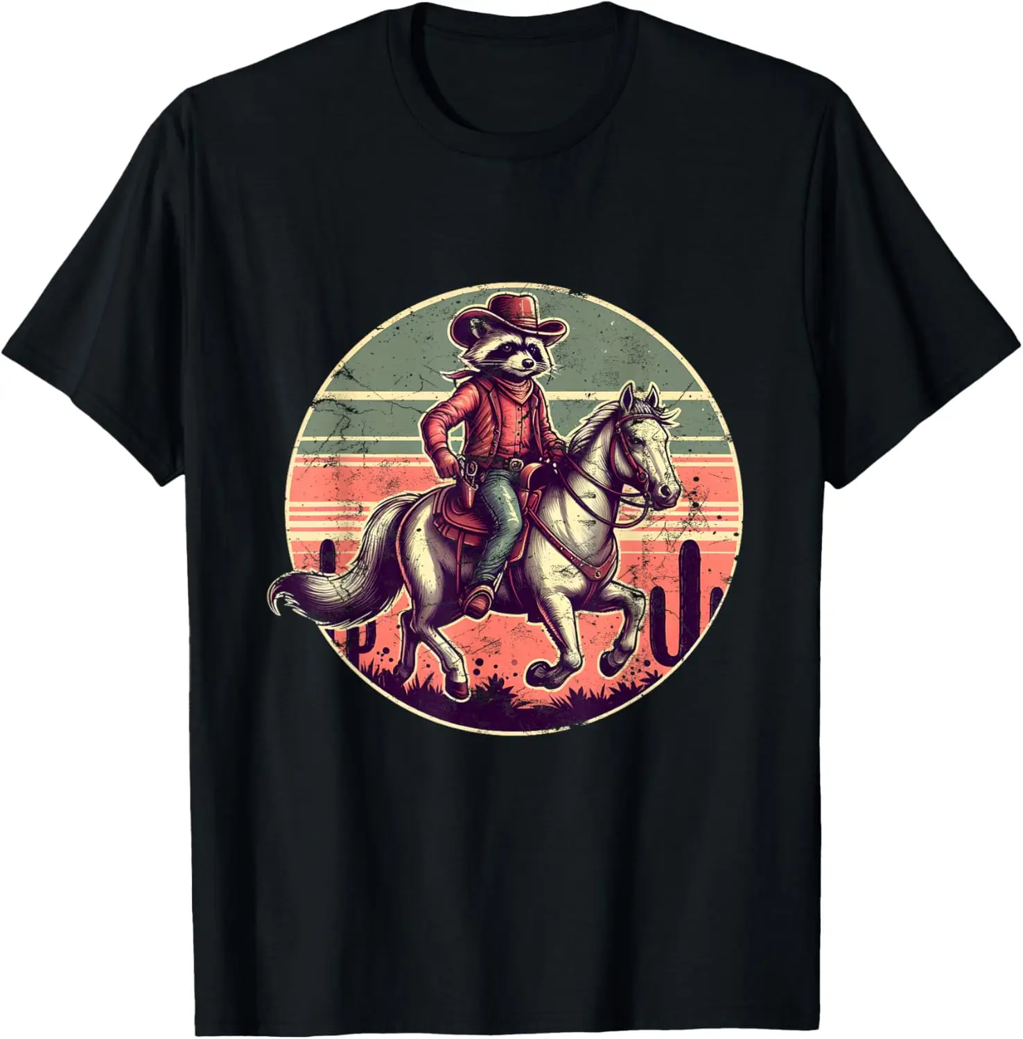 

Vintage Cowboy Racoon Riding A Horse Funny Western Retro 90s T-Shirt
