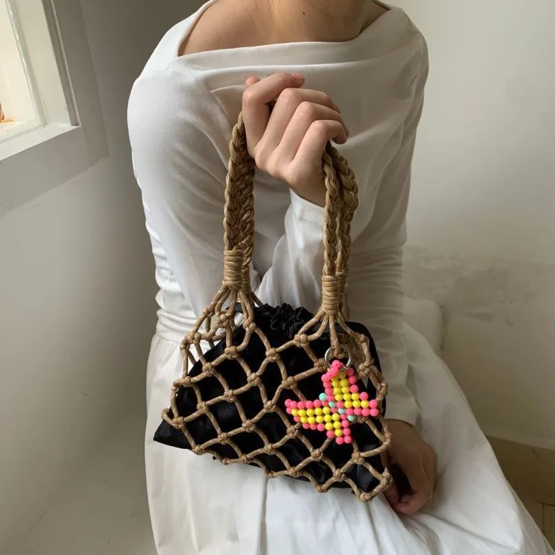 

Fashion Hollow Woven Women Handbags Handmade Mini Tote Bag Beaded Butterfly Deco Female Bags Casual Summer Beach Bag 2025