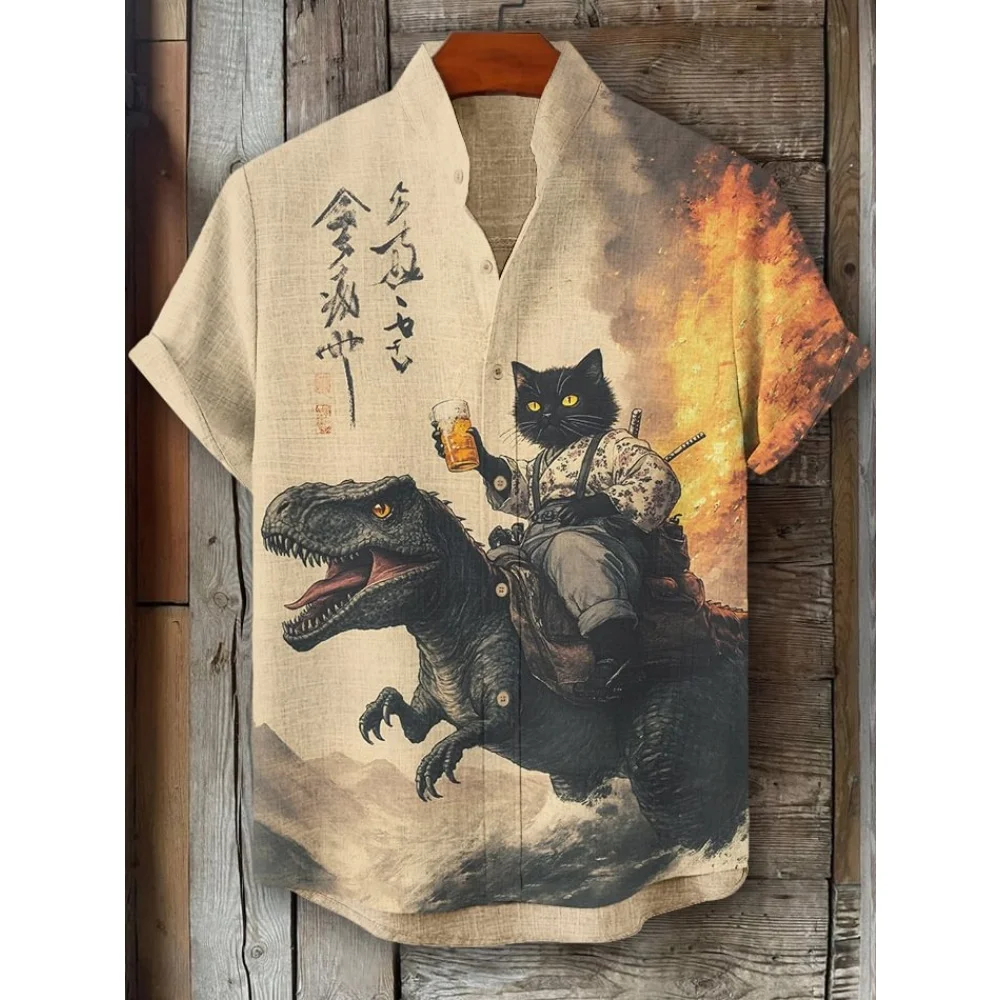 Men's Funny Laser Dinosaur Cat Print Shirts 3D Holiday Hawaiian Shirt Summer Oversized Women Short Sleeve Casual Beach Shirts