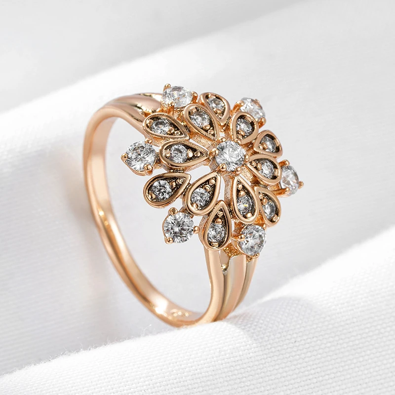 Kinel New Natural Zircon Crystal Flower Ring for Women 585 Rose Gold Color Fine Ethnic Bride Ring Vintage Wedding Jewelry