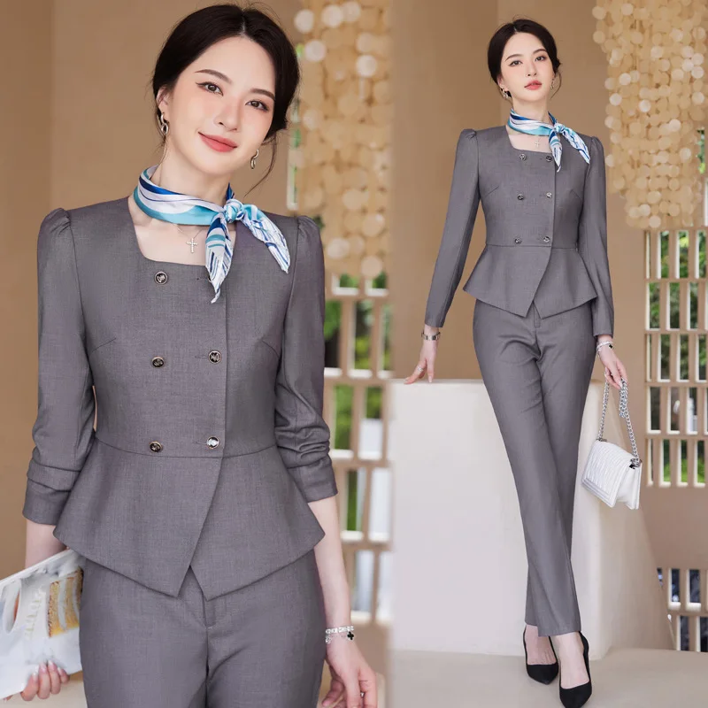 

Double-Breasted Collarless Business Suit Women's Autumn New Suit Elegant and Capable Hotel Front Desk Jewelry Shop Workwear