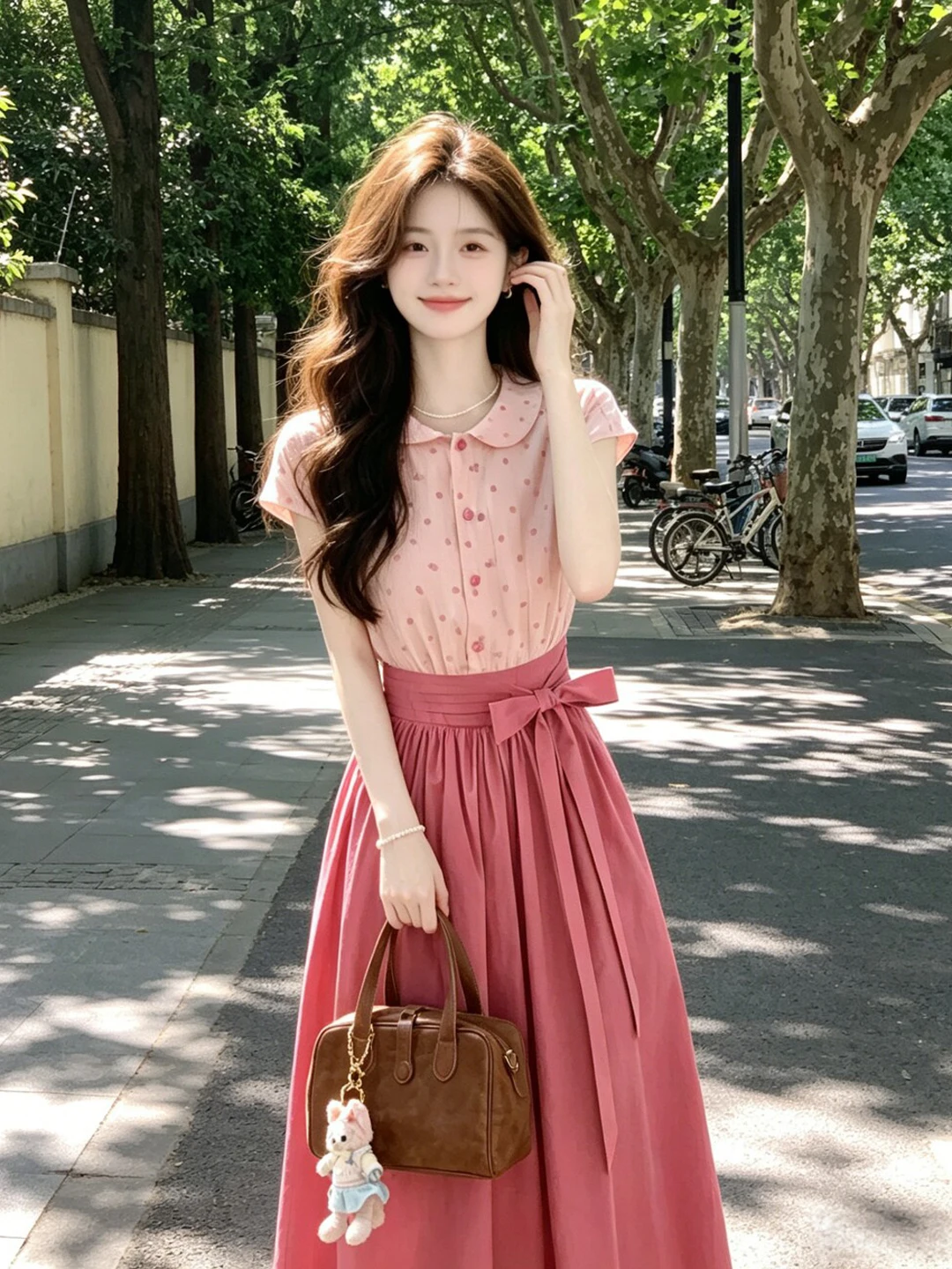

Sweet Floral Print Slimming Long Dress Beautiful Splice Waist Shaping Summer Cotton Gown College Style Short Sleeve Midi Dress