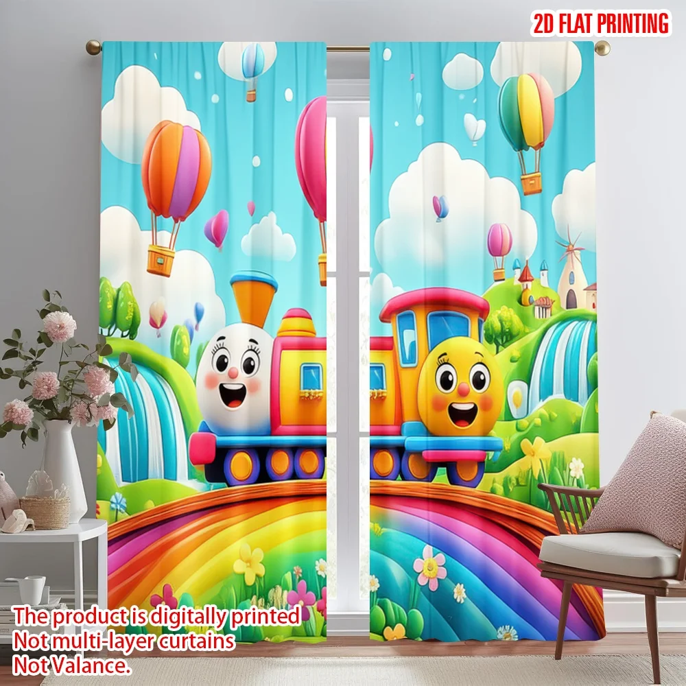 Cartoon Train and Rainbow Blackout Curtains - Cute Hot Air Balloon Print Window Drapes for Kids Room Nursery Baby Bedroom Decor