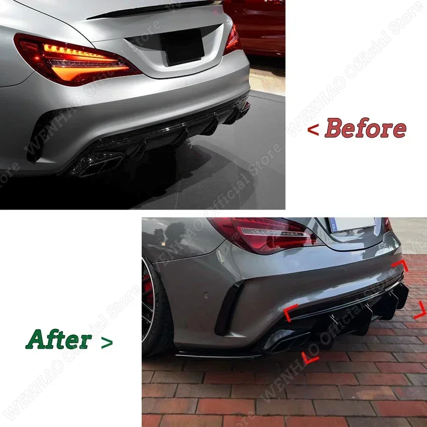 4 Fins Glossy Black Car Rear Bumper Diffuser Rear Side Splitters Spoiler Lip For Mercedes Benz C117 CLA45 AMG Line 2016-2019