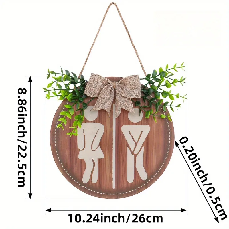 1Pc Rustic Wooden Restroom Gender Sign Round Wall Decor Silhouette Figures Greenery Farmhouse Style Bathroom Door Hanger