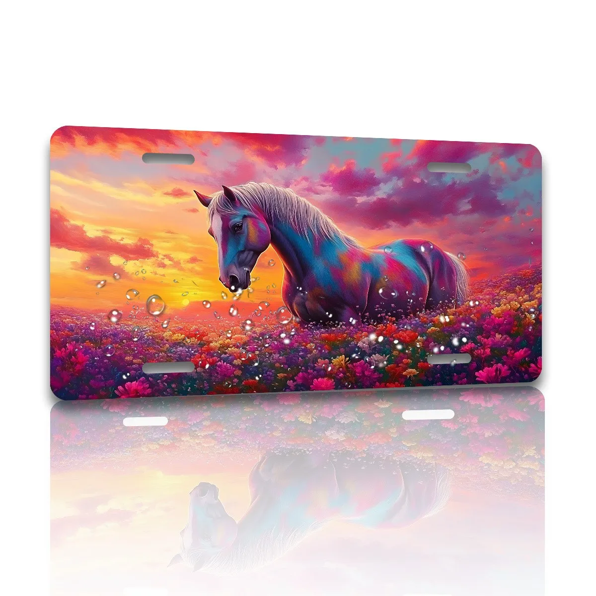 Colorful Horse Sunset Field License Plate Frame Rust Proof Decorative Tag Cover