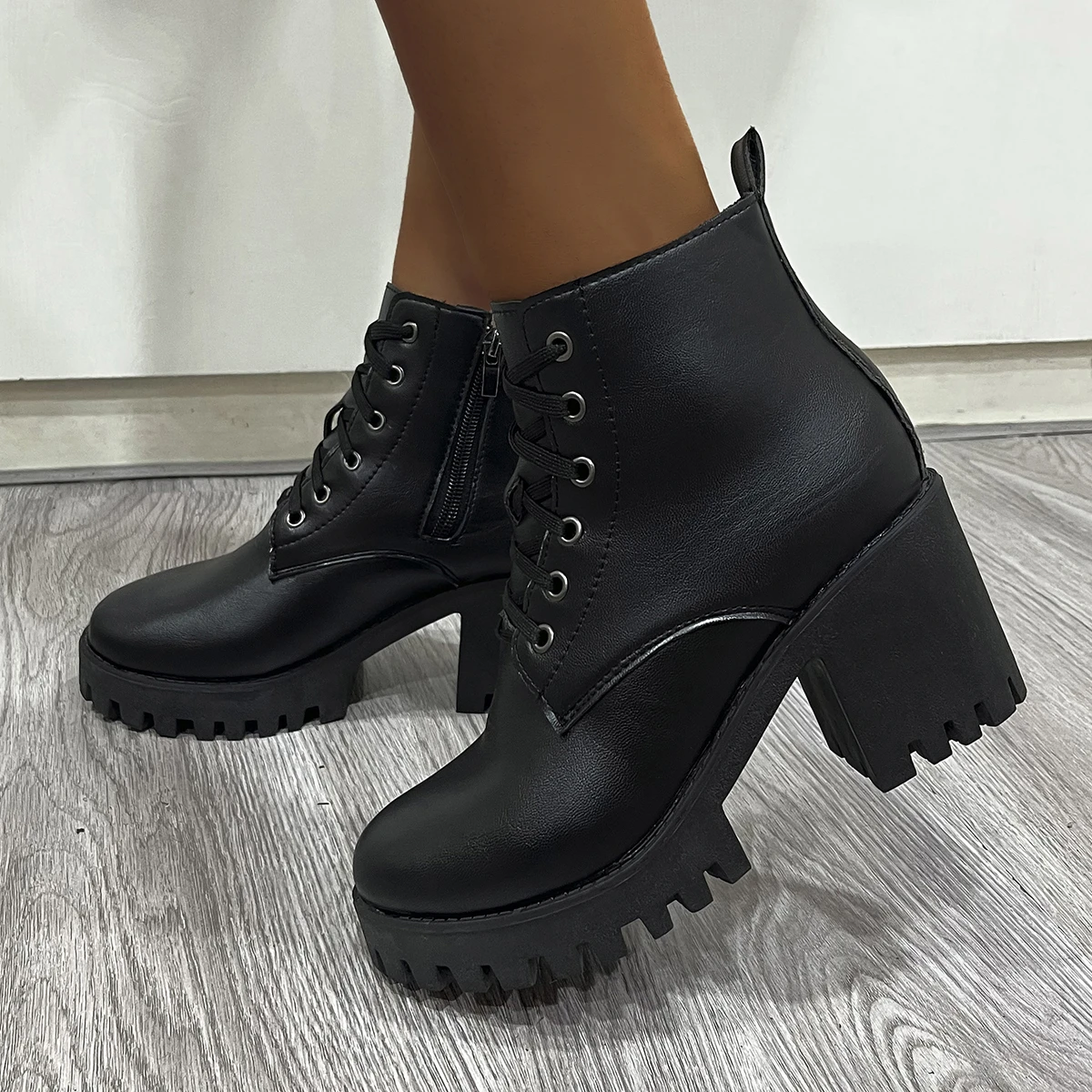 Sexy Seite Zipper High Heel Stiefeletten Frauen Herbst Mode Schwarz Runde Kappe Chelsea Stiefel Chunky Plattform frauen Stiefel