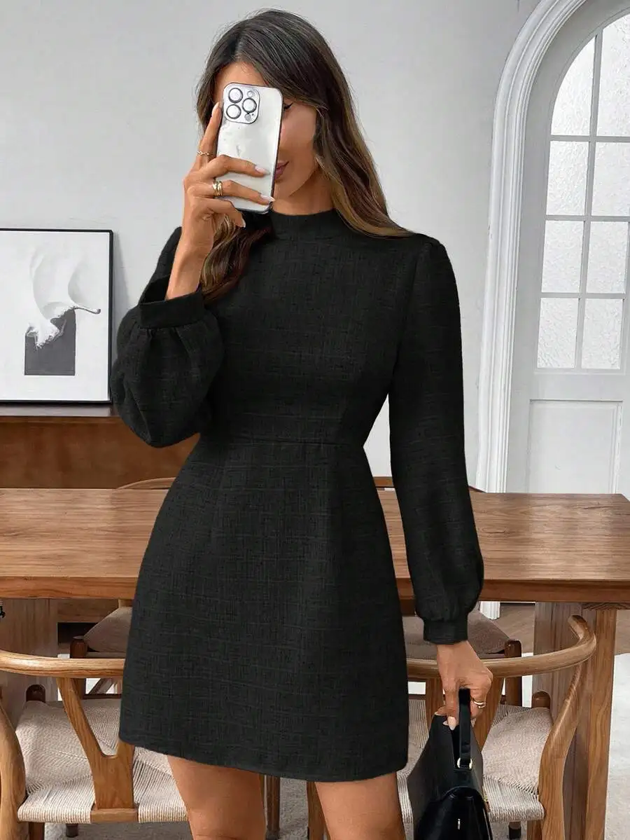 

Женское черное платье А-силуэта с длинными рукавами и рукавами-фонариками, элегантное повседневное мини-платье для вечеринки или офиса