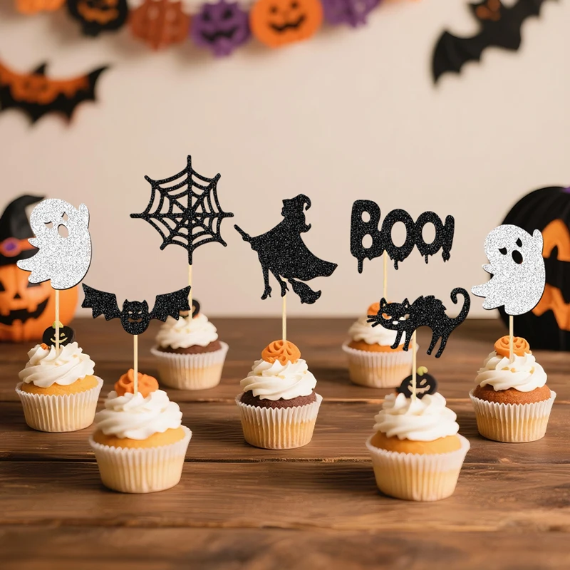 NUBECOM 24 Stück Halloween-Kuchenaufsätze, Party-Cupcake-Topper, Picks, glitzernde Hexe, Fledermaus, Spinnennetz, Boo, Katze, Geister-Kuchendekorationen – Detail 7