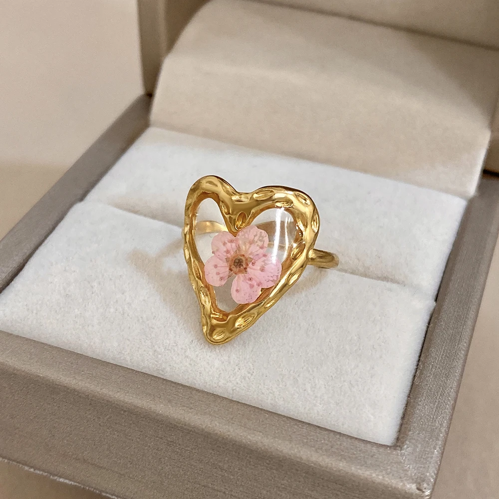 ALLYES Vintage Natural Pink Flower Heart Open Rings for Women Elegant Gold Plated Stainless Steel Finger Ring Jewelry Gifts