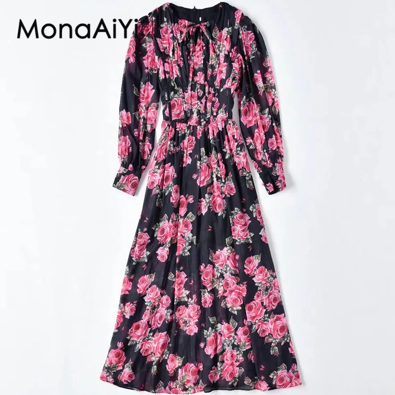 MonaAiYi-Robe à lacets pour femmes, col rond, style bohème, vintage, imprimé, grande balançoire, été