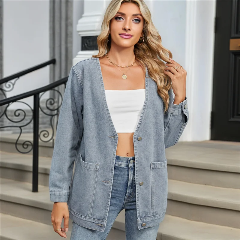 VOFUN-Women الخريف أزياء زر أسفل الدنيم سترة الستر العصرية الخامس الرقبة طويلة الأكمام جان معطف الشتاء ملابس خارجية