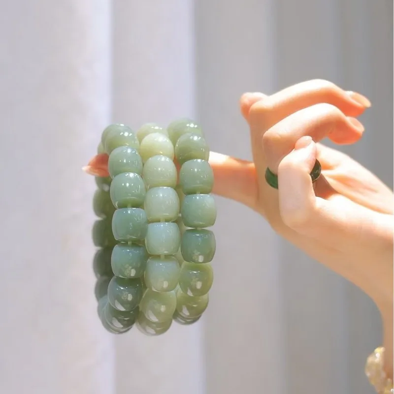 Hetian Jade Qiemou Blue Old-Style Bead Bracelet With Beautiful Translucency, Fine Texture, Smoothness, And