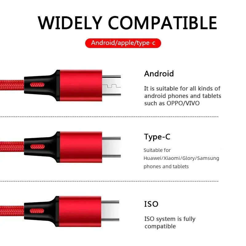 MVQF 3In1 Multi Usb Port USB Charger Cables Multiple Usb Charging Cord Usbc Mobile Phone Wire for Iphone 11 Type C Micro Huawei