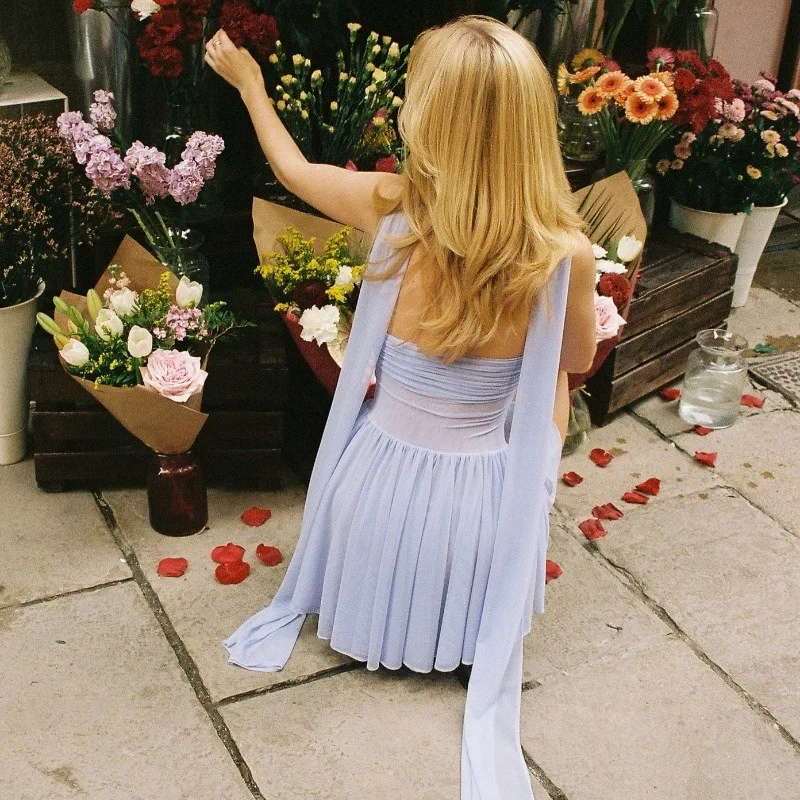 2025 Mini vestido Sexy de malla transparente de verano para mujer sin tirantes transparente sin espalda sin mangas fruncido ceñido al cuerpo traje de fiesta