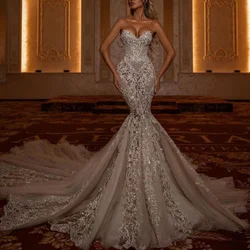 Luxury Beaded Crystals Wedding Dresses Exquisite V-Neck Sleeveless Criss-Cross Sequined Court Train Mermaid Bride Dresses