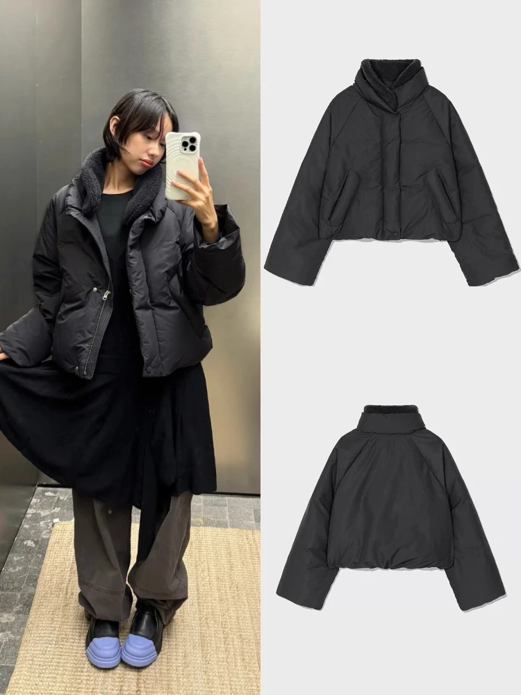 جاكيت قصير منفوخ للنساء بتصميم عصري فضفاض مع ياقة فرو قابلة للفصل، معطف على شكل رغيف الخبز، توصيل سريع، ملابس خارجية نسائية