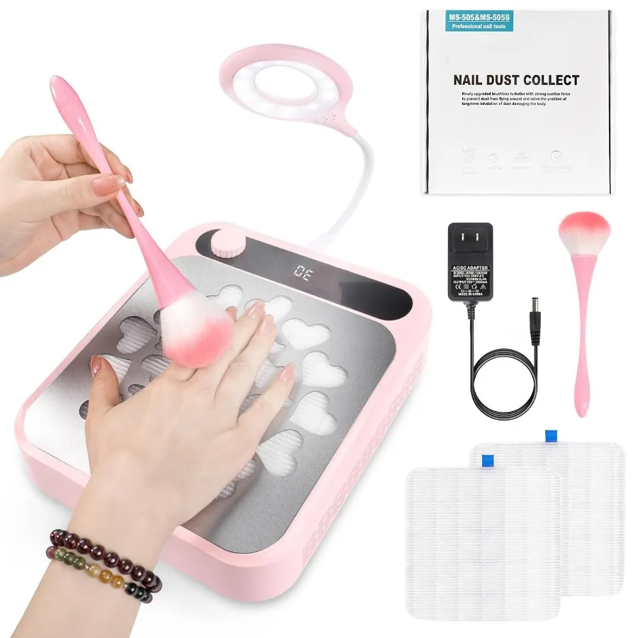 Nail Dust Collector Dust Collector Nail Tech with LED Light 2Pcs Reusable Filters Cleaning Brush Nail Fan Vacuum Dust Collector
