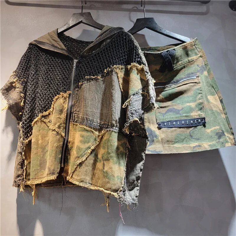 WTHT nueva moda mujer camuflaje empalmado malla con capucha manga corta Tops cintura alta A-line falda femenina 2025 verano 1LS1982