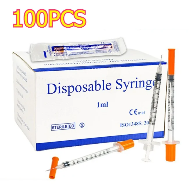 100pcs 1ml/cc 30G 8mm 31G 6mm Disposable Sterile Orange Insulin Syringe With 5/16