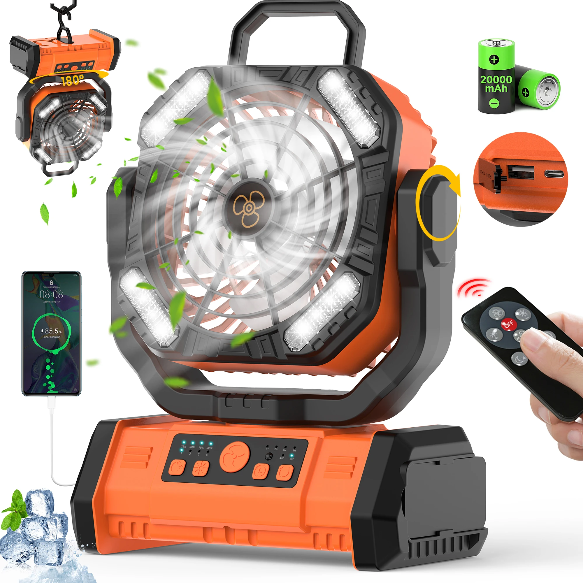 

20000Mah Large Capacity Camping Fan with Long Battery Life, Can Be Tilted and Rotated, Has a Hook, Can Be Timed, Can Be Used as a Power Bank, and Has Led Light